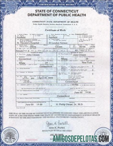 Imprimível modelo de certidão de nascimento do estado de Connecticut dos EUA em formato PSD